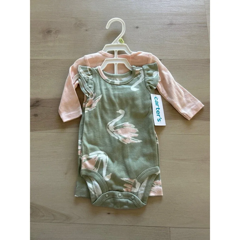 Carter's 3 M baby girl pink swan onesie and green pants set
